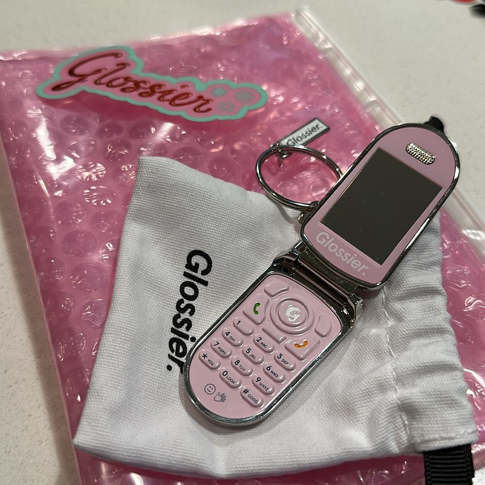 Glossier Flip Phone Key Chain w Bubble Bag & Sticker (4pc set) - Picture 4 of 7